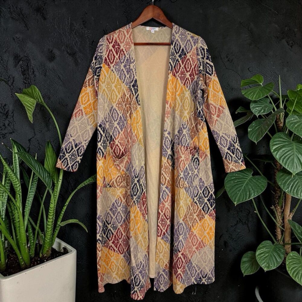 Boho Geometric Patchwork Duster Cardigan Long Knit Sweater Open Front Pockets M